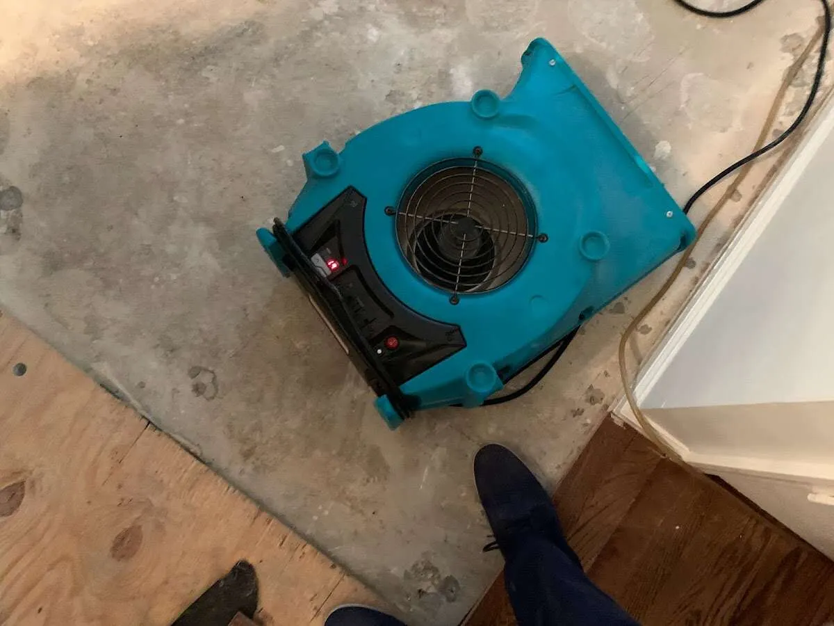Air mover drying subfloor during Commercial Water Damage Restoration in Solvang